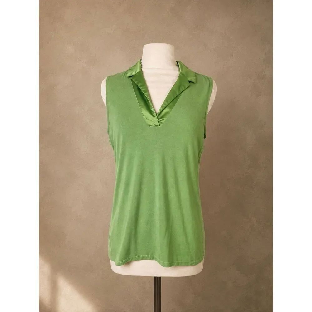 Halogen Sz M Mixed Media Notch Collar Sleeveless Top Fresh Green